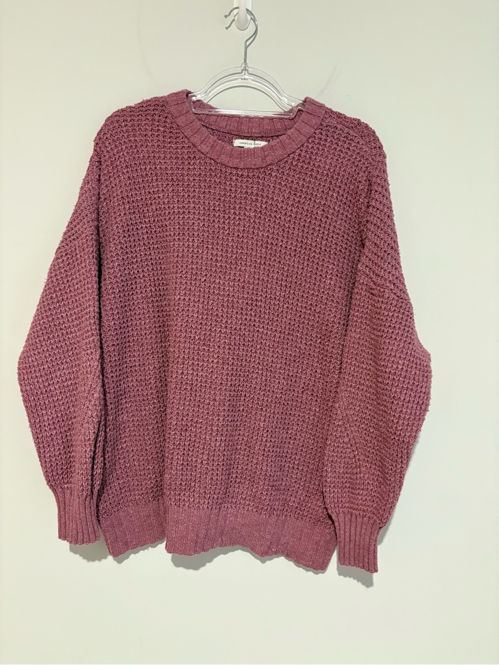 American Eagle Oversized Crew Neck Long Sleeved Waffle Knit‎ Sweater pink large